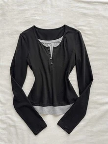 Attitoon Women's 2 In 1 Patchwork Casual Daily Long Sleeve T-Shirt - Black - View 5