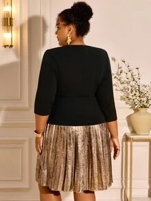 BrightlyHer Plus Size Elegant 3D Floral Decor Pleated Dress - Multicolor - View 3