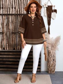 EMERY ROSE Women's Striped Geometric Pattern Notched V-Neck Short Sleeve Casual Shirt - Brown - View 3