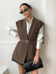 DAZY Women's Solid Color Casual Versatile Daily Wear Blazer Vest - Brown - View 7