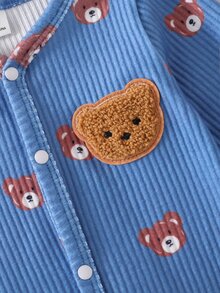 SHEIN Newborn Beige Bear Pattern Long Sleeve Long Pants Romper & Hat Set - Dusty Blue - View 3