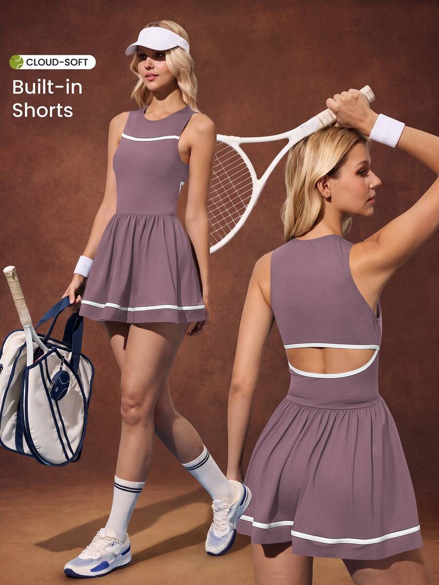 CourtClass 女款對比色無袖運動休閒洋裝|夏季藍色網球裙褲,附口袋 - 紫色 - 查看 1