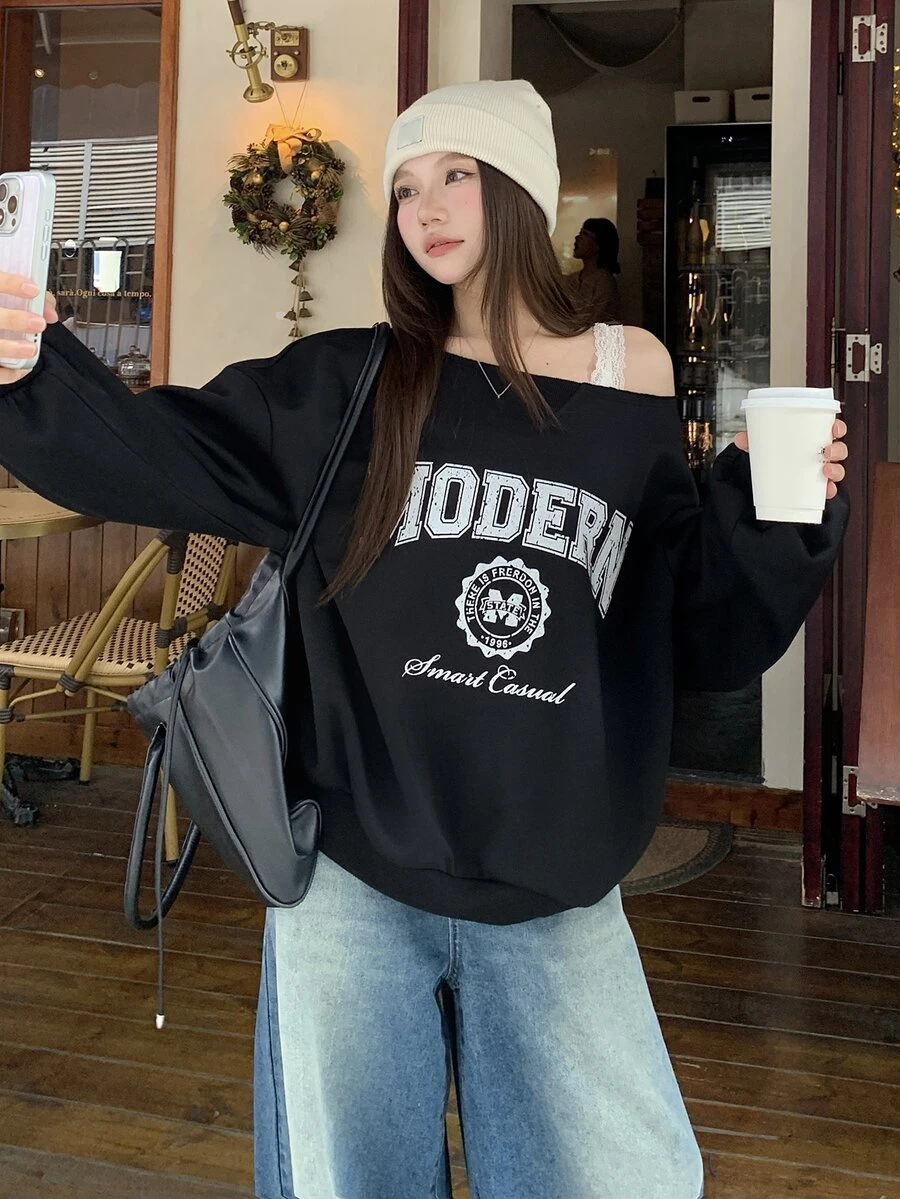 DAZY Women's Letter Print Asymmetrical Shoulder Drop Sleeve Casual Loose Sweatshirt - Black - View 1