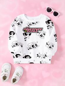 THE POWERPUFF GIRLS X SHEIN 女童字母卡通印花圓領長袖休閒衛衣 - 白色 - 查看 1