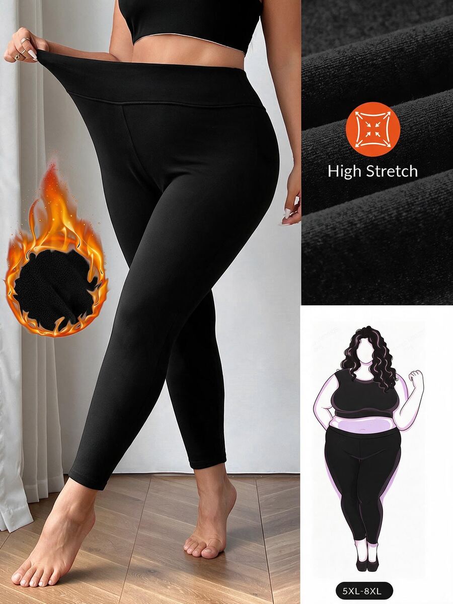 SHEIN CURVE+ Plus Size Thick Black Leggings, Suitable For Winter 5XL-8XL - Black - View 1