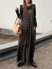 FRIFUL Women's Plaid Casual Versatile Everyday Jumpsuit - Black - View 5