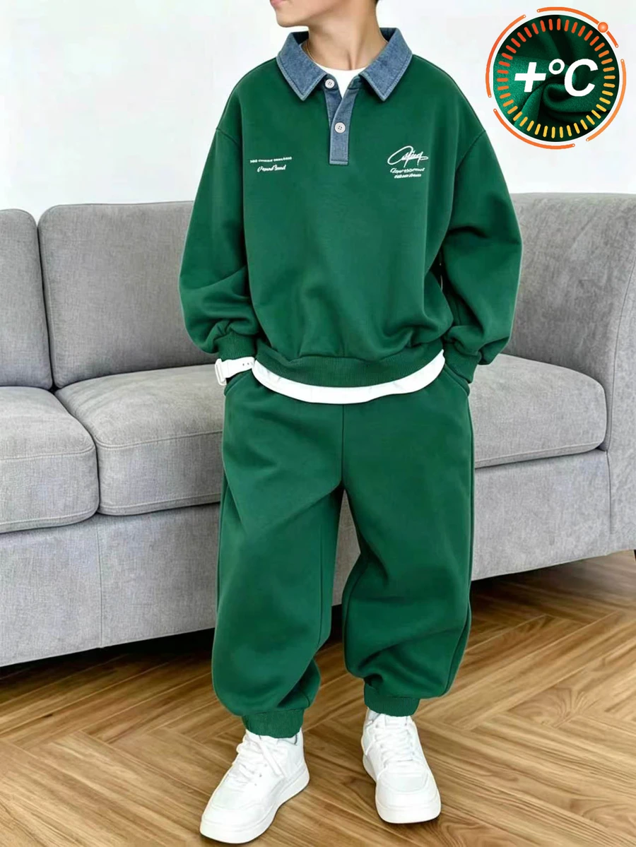 SHEIN 2pcs Tween Boys Gray-Blue Sporty Fashion Casual POLO Sweatshirt And Pants Set - Green - View 1