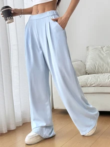 SHEIN EZwear 女款淺藍色高腰百褶寬腿長褲，夏季 - 淺藍色 - 查看 1