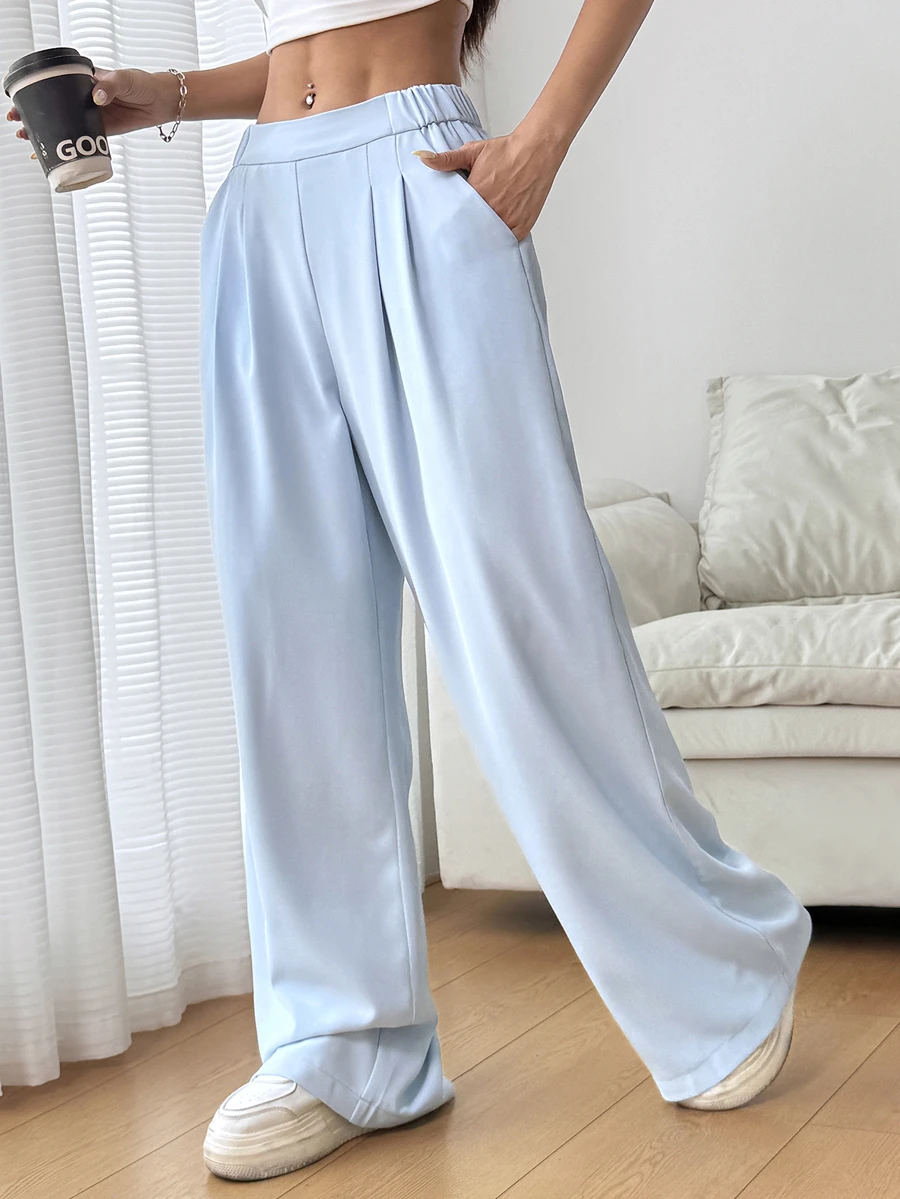 SHEIN EZwear 女款淺藍色高腰百褶寬腿長褲,夏季 - 淺藍色 - 查看 1