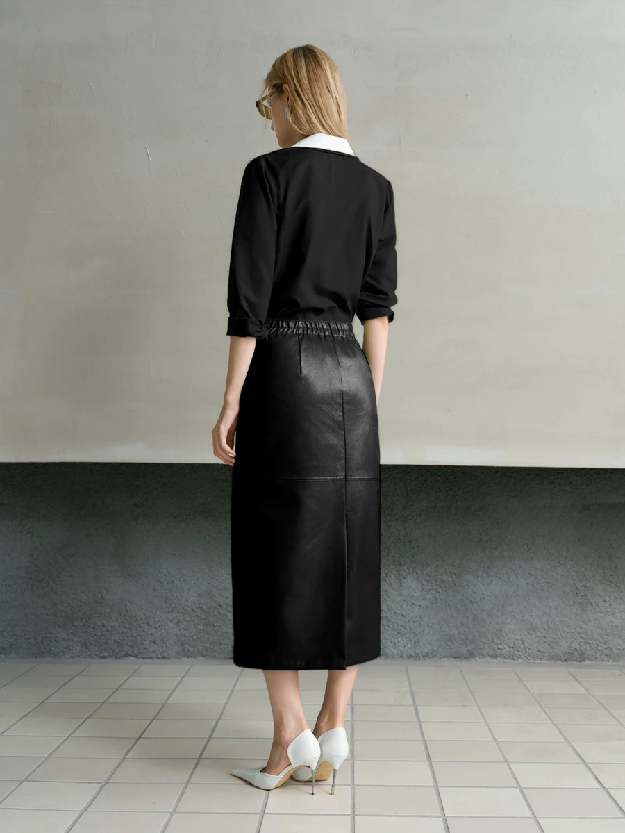 MOTF PREMIUM WOMEN'S PU LEATHER ELASTIC WAIST SPLIT HEM SKIRT - Black - View 2