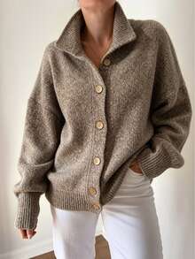Trelyra Women's Autumn/Winter Solid Color Fashion Dropped Shoulder Lapel Button Front Cardigan - Maroon - View 1