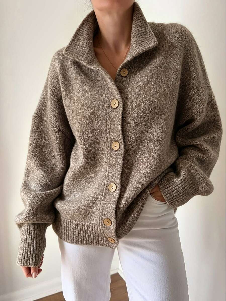Trelyra Women's Autumn/Winter Solid Color Fashion Dropped Shoulder Lapel Button Front Cardigan - Maroon - View 1