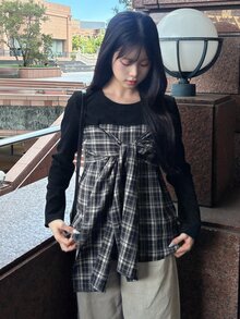 FRIFUL Women's Fashionable Plaid Patchwork Tie-Up 2 In 1 T-Shirt - Black - View 4