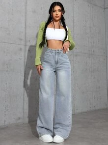 Jeanoix Y2K Plus Size Light Blue High Waist Wide Leg Jeans, Casual Loose Long Pants For Curvy Women - Medium Wash - View 5