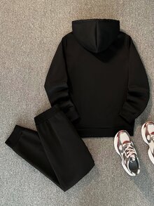 Sorvial Black Knit Men's Hoodie & Sweatpants Set, Minimalist Letter Pattern, Men's Sports Outfit - Black - View 3