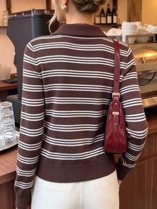 INAWLY Sweater Pullover Berkerah Henley Bergaris Berlapis untuk Komuter, Bisnis, Serbaguna, Harian, Kencan, Kantor - Coffee Brown - View 2