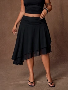 Rustia Plus Size Polka Dot Asymmetrical Hem A-Line Elegant Romantic Skirt - Black - View 7