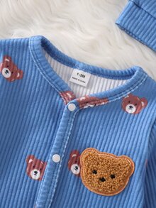 SHEIN Newborn Beige Bear Pattern Long Sleeve Long Pants Romper & Hat Set - Dusty Blue - View 4