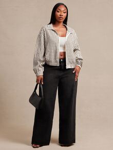 SHEIN SXY Áo khoác nữ size lớn họa tiết kẻ ô, kéo khóa, tay dài, mùa thu - Màu be - Xem 8