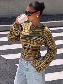 Muchica 女款休閒修身蝙蝠袖長袖條紋T恤，秋冬服飾，2000年代風格，Y2K，時尚基本款，適合畢業典禮、演唱會穿搭、西式風格外出裝、生日、派對、返校舞會、感恩節、萬聖節 - 彩色 - 查看 3