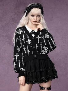 ROMWE Dark Gothic Punk Pattern Short Knit Cardigan For Women - Black - View 5