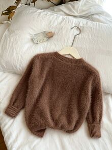Genkimix Kids Young Girl Sweater, Fuzzy Brown Crewneck Long Sleeve Solid Knit Pullover - Brown - View 2