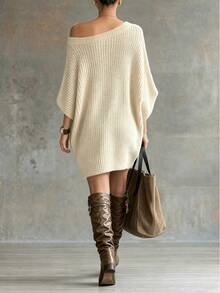 SHEIN Fiorisel Women's Gentle Versatile Asymmetrical Shoulder Sweater Dress - Apricot - View 2