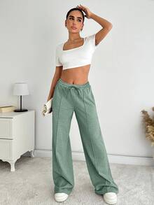 SHEIN Tall Women Solid Color Mid Waist Straight Sweatpants - Mint Green - View 5