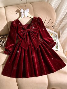SHEIN Elladie kids 女童 1 件 BialaSuknia 春/秋新款海灘週末生日套裝，方領長袖波點印花，後背小 V 設計，3D 可拆卸大蝴蝶結，大裙擺附側邊荷葉邊，極簡百搭海灘風 - 酒紅色 - 查看 2