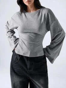 LYSMO 女款純色圓領落肩長袖休閒T恤 早午餐奶油白秋季款 - 淺灰色 - 查看 7