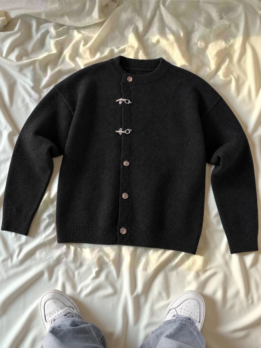 Manfinity Homme Men's Long Sleeve Casual Knit Cardigan With Airplane Buckle Placket - Black - View 1