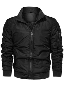 Manfinity Homme 1件男士成熟休閒加厚外套，黑色拉鍊款，通勤百搭，時尚舒適，男友禮物、丈夫禮物、週年紀念禮物 - 黑色 - 查看 3