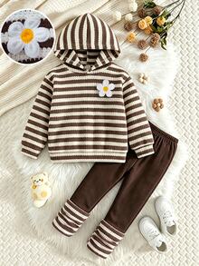 2pcs/Set Girls' College Style Striped 3D Flower Long Sleeve Knit Hoodie & Pants Set, Casual Daily Wear, Autumn - Multicolor - View 3