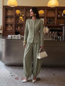 Aloruh Women's Metal Single-Breasted Long Sleeve Blazer And Tapered Pants Set, New Autumn/Winter - Green - View 2