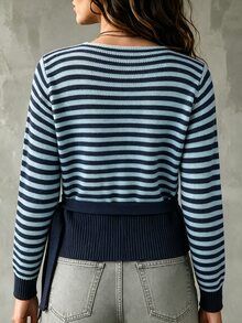 SHEIN Spring Fall French Wrap V Neck Knit Top Women Side Tie Waist Long Sleeve Slim Fitted Blouse - Blue - View 2
