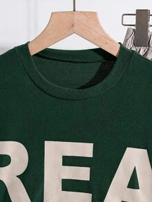 SHEIN 青少年男孩字母印花短袖T恤與口袋長褲休閒日常套裝 - 墨綠色 - 查看 4