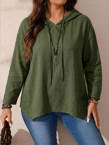 EMERY ROSE Plus Size Women's Lolicis Hooded Drawstring Long Sleeve Asymmetrical Hem Blouse Loose Casual Artistic Style Pullover Hoodie Fall - Army Green - View 3