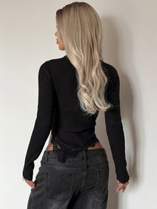 SHEIN EZwear Black Knitted Fitted Lace Trim T-Shirt - Black - View 2