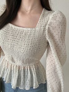 FRIFUL Women's Polka Dot Pleated Casual Versatile Everyday Outing Blouse - White - View 4