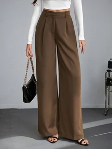 SHEIN Tall 女款黑色高腰寬腿長褲，優雅商務休閒工作西裝褲，高挑百搭純色秋冬款老錢風正裝褲 - Volcanic Gray - 查看 1