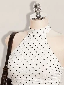 SHEIN ICON 女款波點印花修身休閒掛脖背心 - 白色 - 查看 11