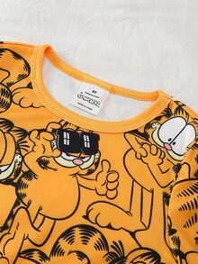 GARFIELD | SHEIN [Coffee Cat]2件組 男童時尚休閒經典黃色虎頭滿版印花圓領套頭長袖上衣與長褲，高彈性針織面料，修身舒適居家休閒套裝，適合居家與外出 - 黃色 - 查看 5
