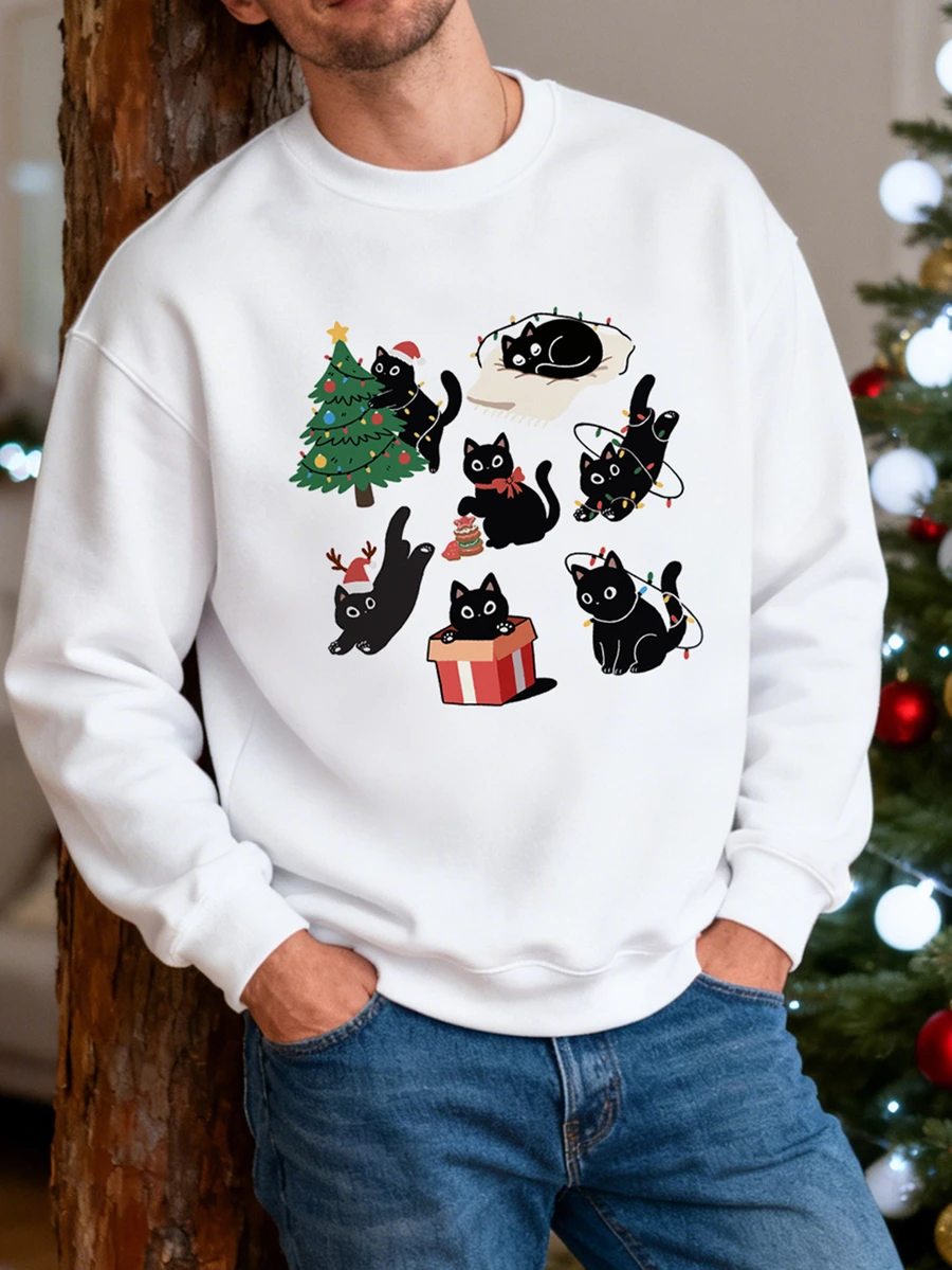 Sorvial White Standard Size Men's Loose Drop Shoulder Thick Pullover Sweatshirt, Christmas Sweatshirt, Suitable As Gift For Friends/Husband - White - View 1
