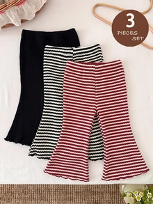 SHEIN LMoss Kids LMoss 3件組女嬰針織純色條紋休閒喇叭褲套裝 - 酒紅色 - 查看 8
