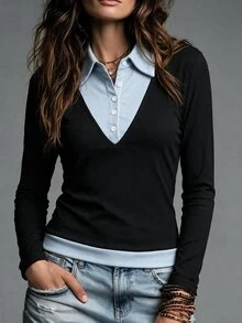 INAWLY Women's 2 In 1 Patchwork Casual Daily Long Sleeve Top - Black - View 1