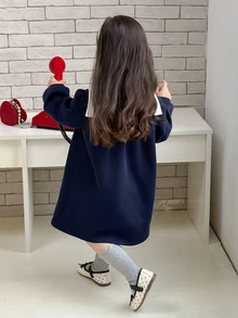 DAZY Baby Girl Long Sleeve Colorblock Collar Loose Casual Dress - Navy Blue - View 2