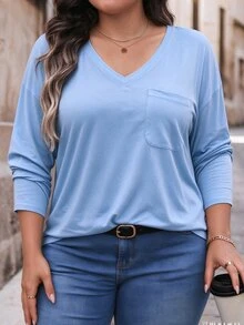 INAWLY Plus Size V-Neck Long Sleeve T-Shirt Fall Cloth For Women - Baby Blue - View 8