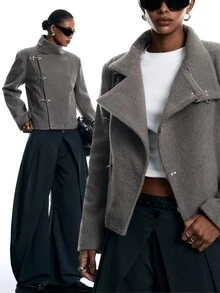 LYSMO Women's Solid Color Stand Collar Double Pocket Autumn/Winter Fashion Versatile Jacket With Airplane Buckle - Grey - View 1