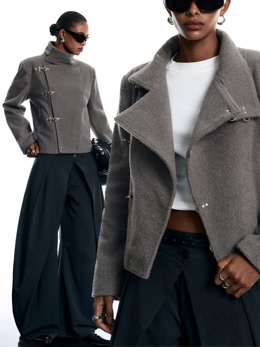 LYSMO Women's Solid Color Stand Collar Double Pocket Autumn/Winter Fashion Versatile Jacket With Airplane Buckle - Grey - View 1