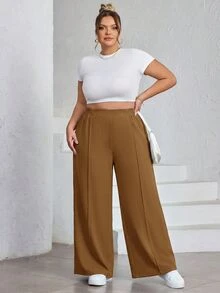 SHEIN CURVE+ 大尺碼女款純色百褶褲，黑色寬鬆寬腿褲，Curve Plus，波希米亞度假風 - 卡其色 - 查看 4
